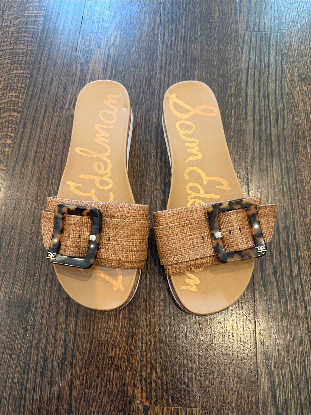 Sam Edelman Tan Raffia Slide Sandals with Tortoiseshell Buckle